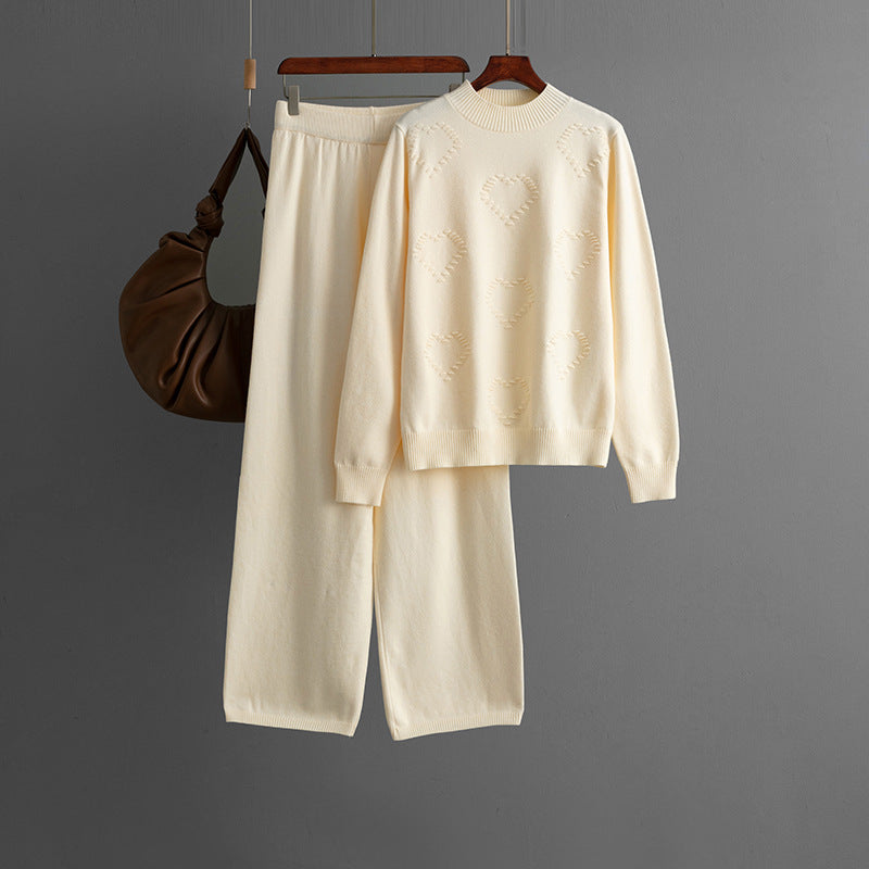 Mock Neck Sweater Heart Trendy Solid Color Casual Pants Wide Leg Two-Piece Set