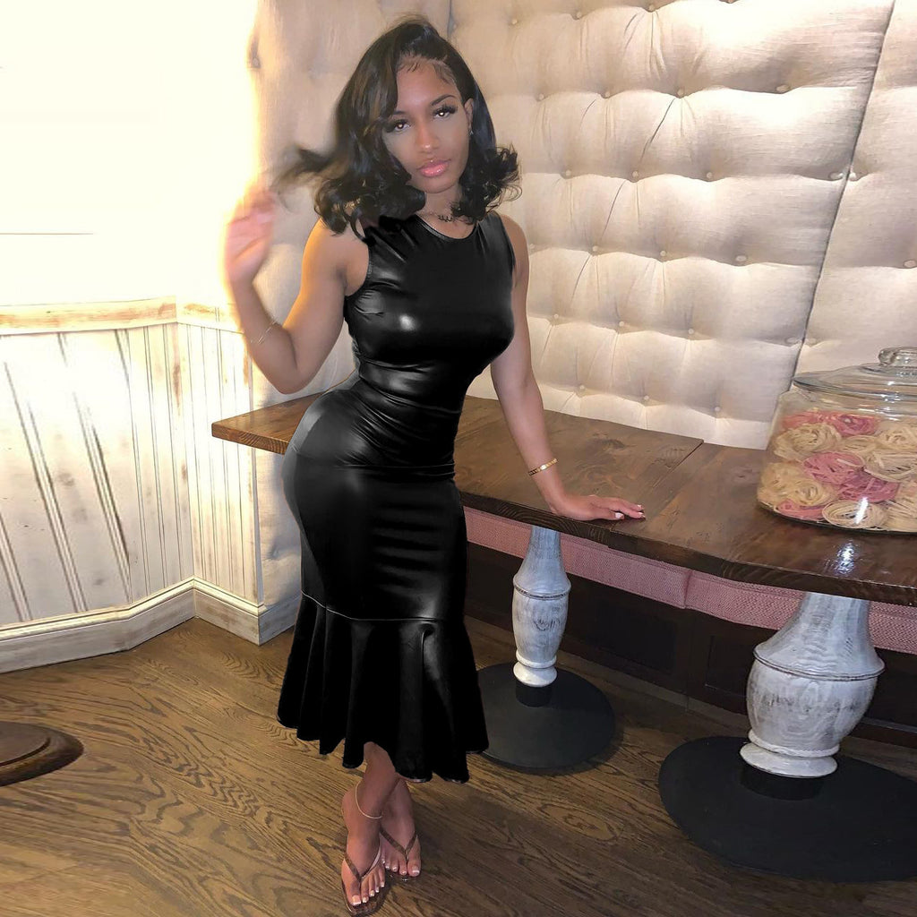 Faux-Leather Ruffle Sleeveless Bodycon Midi Dress