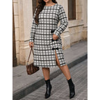 Plus Size Women Black White Lattice Pattern Dress round Neck
