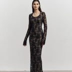 Women's Black Lace Long-Sleeve Split Sheath Dress