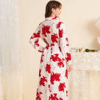Women's V-Neck Floral Belted Long-Sleeve Maxi Dress