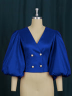 Women's V Neck Lantern Sleeve Button Cardigan Slim Fit Short Rose Red Party Women Shirt Top