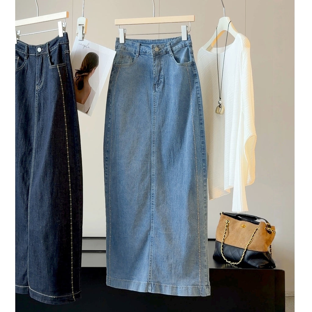 Tall Back Slit Denim Skirt Women Autumn Washed Cover Slim