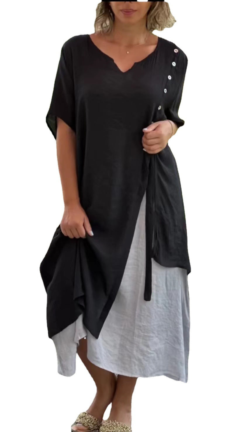 V neck Short Sleeve Faux Two Piece Asymmetric Dress Spring Summer