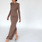 Cutout Ruched Long Sleeve Slit Maxi Dress