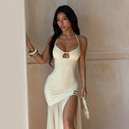 Women's cream sling spring dress with keyhole bust detail and ruching