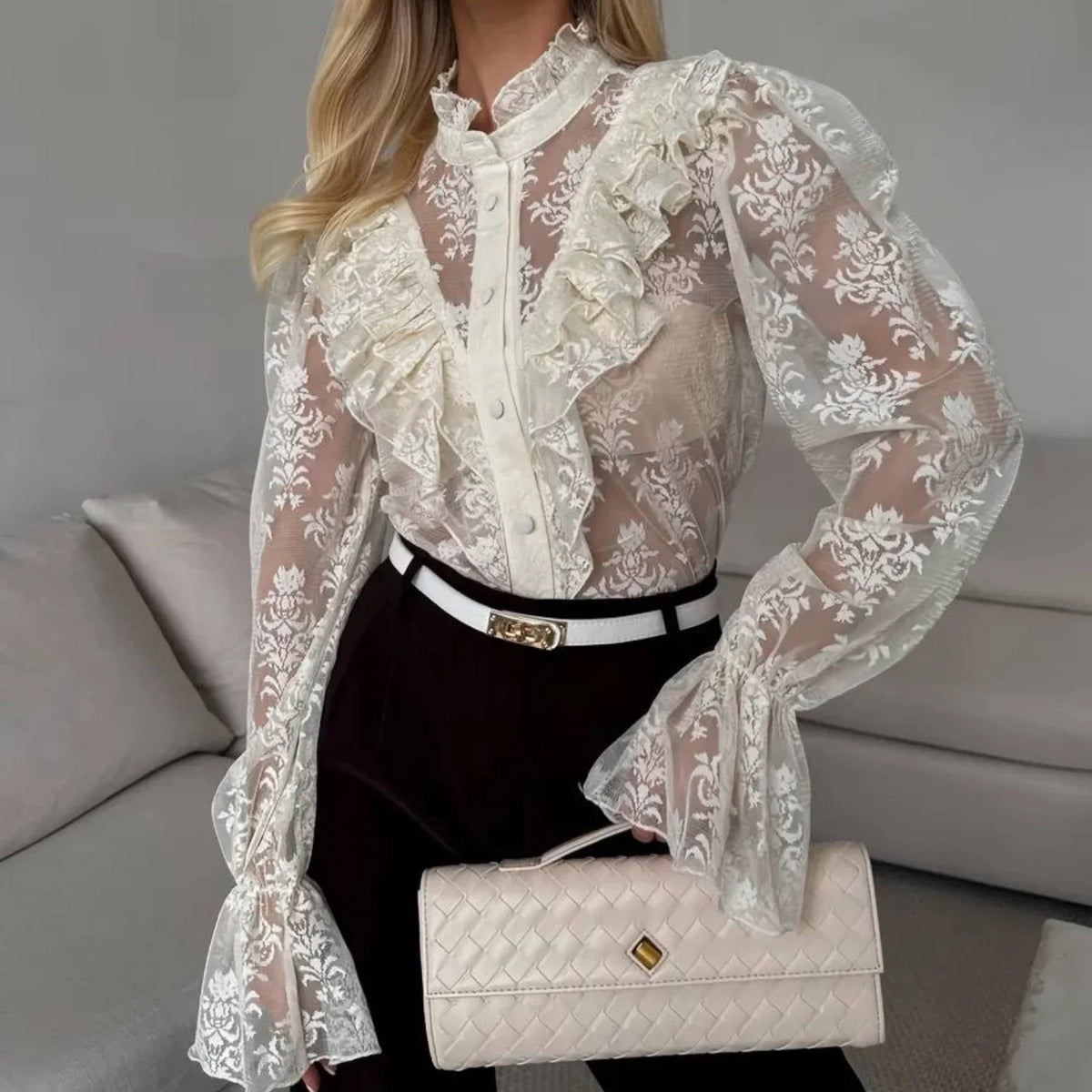 Women's Lace Puff-Sleeve Blouse With Ruffle Details