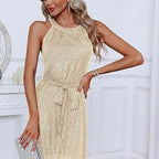 Women's Women Clothing Sequ Dress Half Halter Collar Sleeveless Sparkling Dress