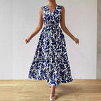 Printed V-Neck Lace-Up Maxi Dress