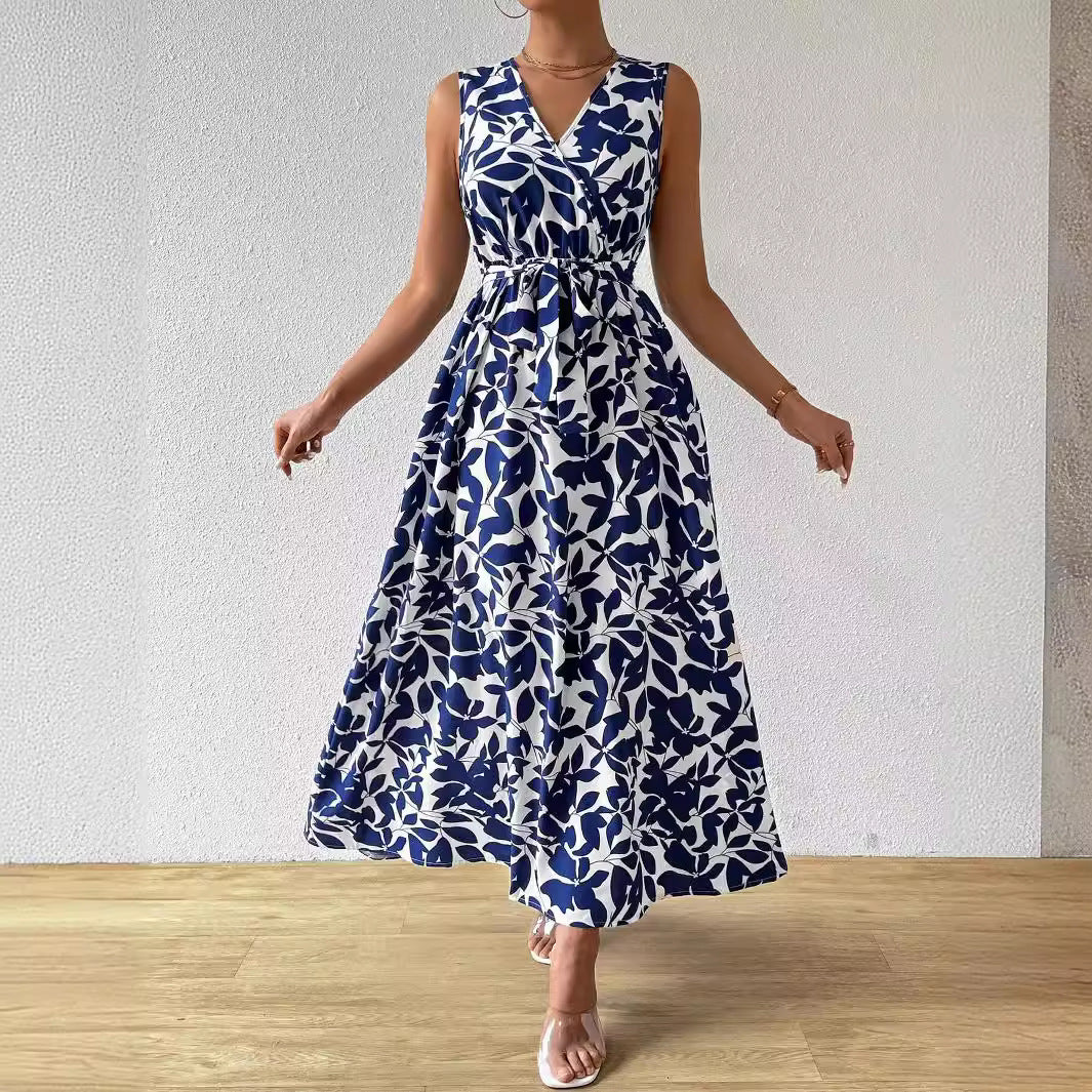 Printed V-Neck Lace-Up Maxi Dress