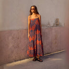Floral cami maxi dress with spaghetti straps, orange and dark navy pattern