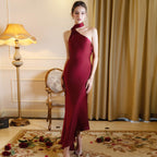 Women's 's Satin Backless Lace-Up Maxi Evening Dress
