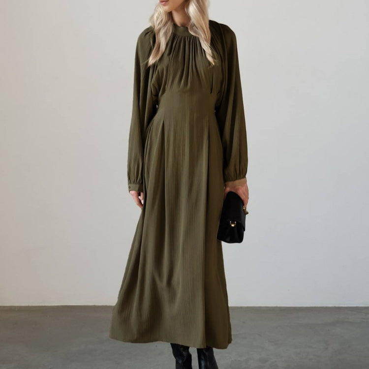 Dress Loose Pleated Long Sleeve round Neck