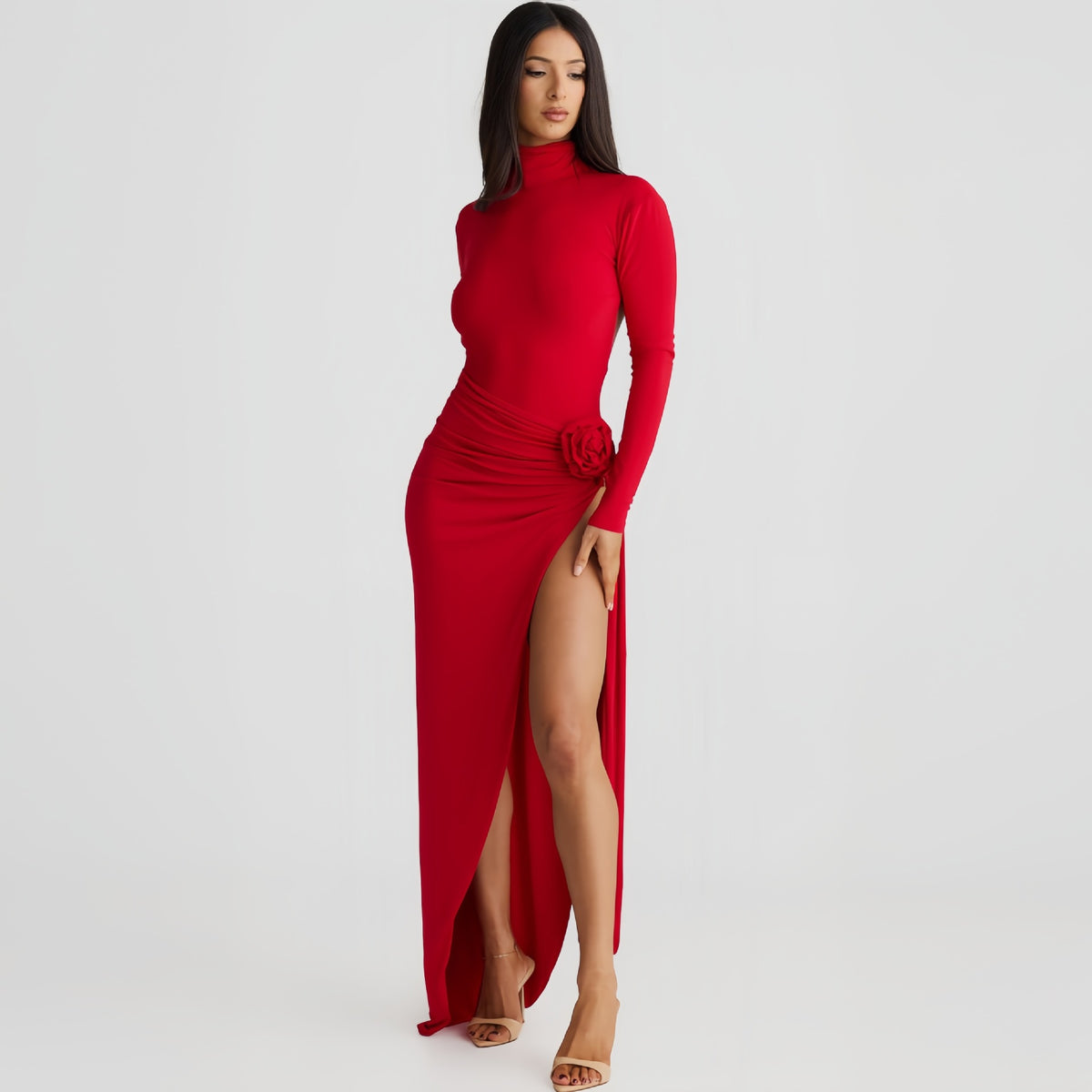 High Collar Backless Long Sleeves Jumpsuit Slit Dress