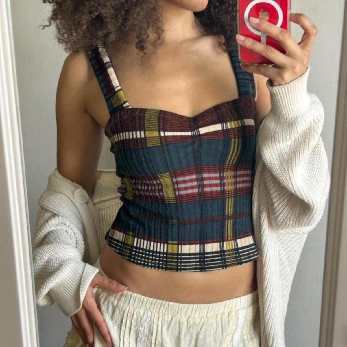 Summer Retro Colored Plaid Inner Wear Base Figure Flattering Camisole Outerwear
