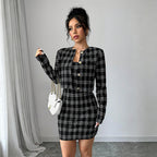 Black White Lattice Pattern Waist Slimming Socialite Sexy