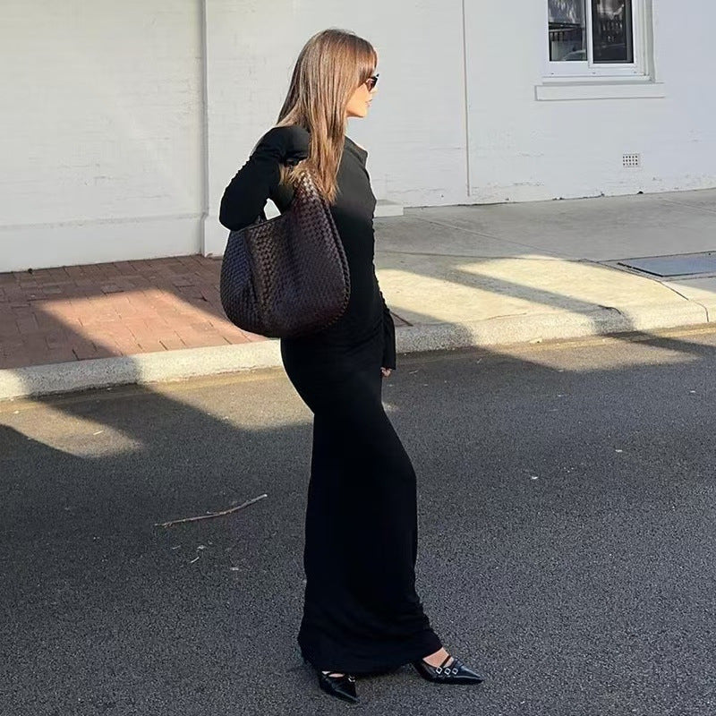 One-Shoulder Long-Sleeve Ruched Maxi Dress