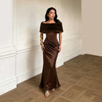 Off Shoulder Fur Collar Satin Fishtail Dress Pleated Waist Tight High Grade Cocktail Dress