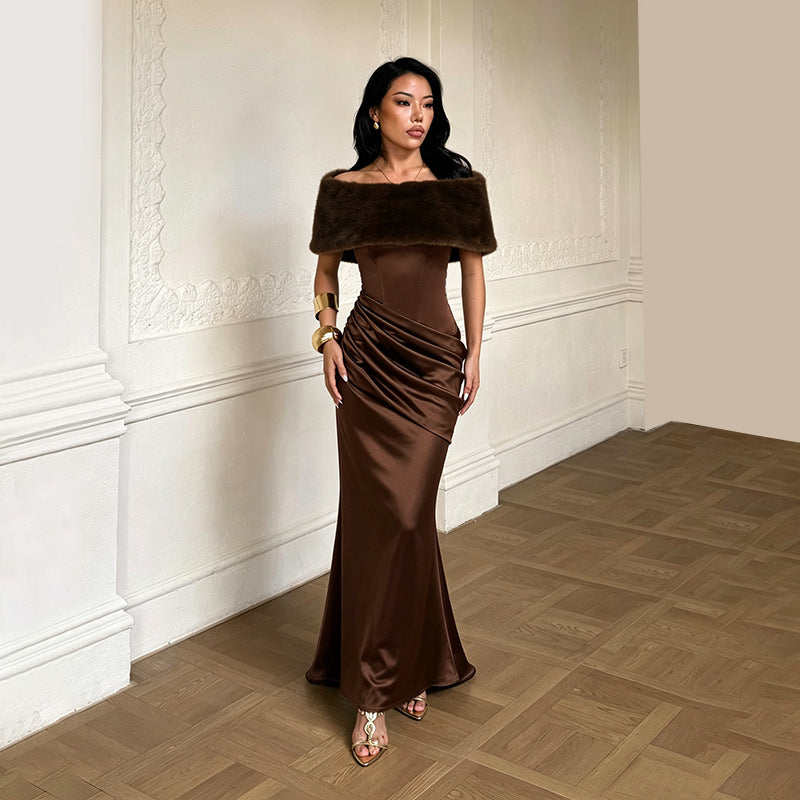 Off Shoulder Fur Collar Satin Fishtail Dress Pleated Waist Tight High Grade Cocktail Dress