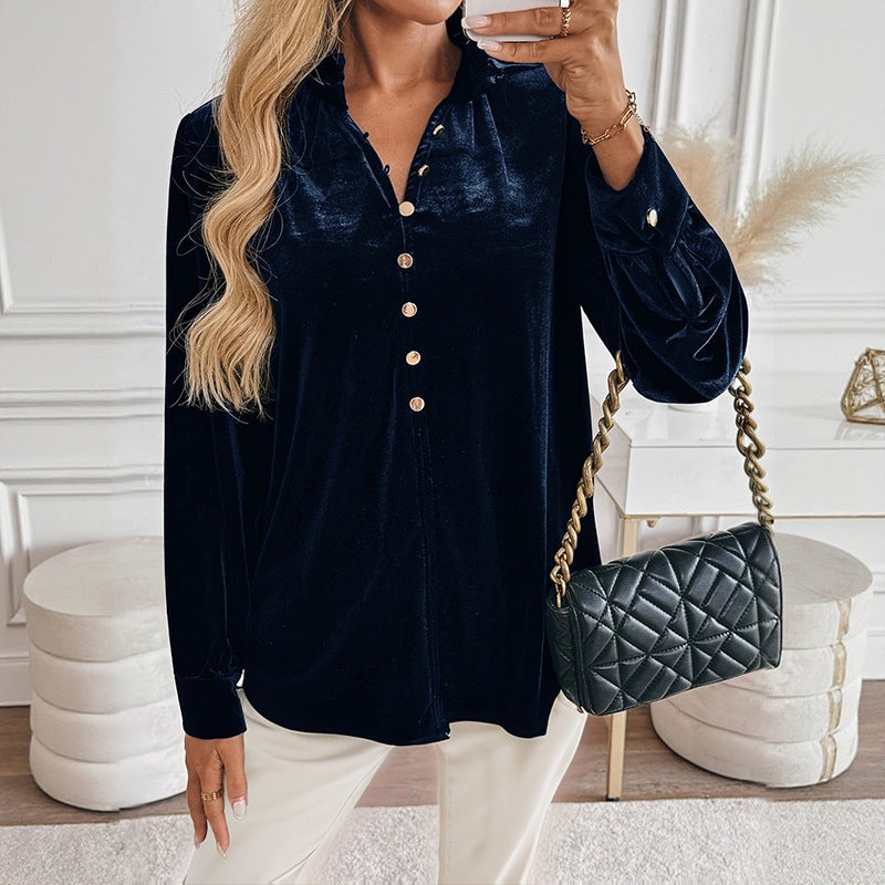 Velvet V neck Shirt Autumn Winter Popular Solid Color