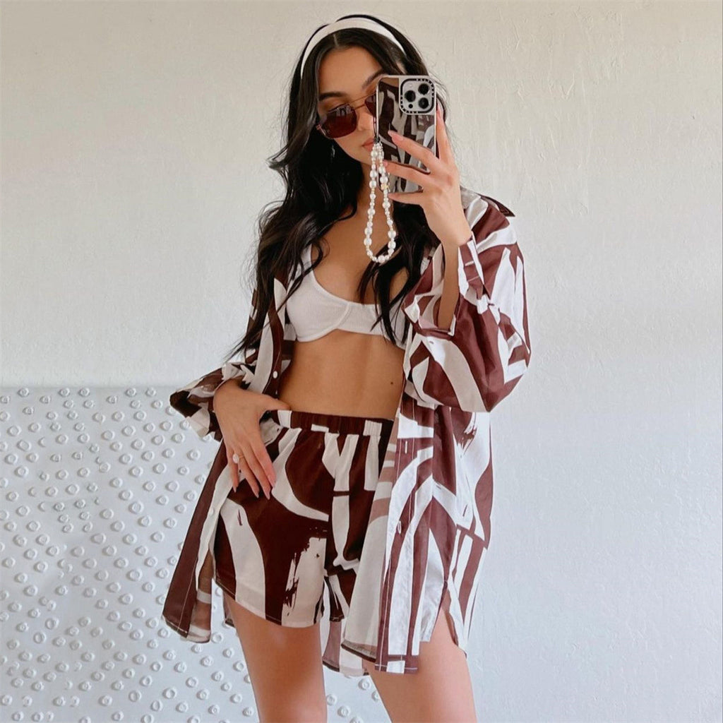 Women's Spring Summer Beach Casual Suit Loose Collared Long Sleeves Shirt Shorts Two-Piece Clothing