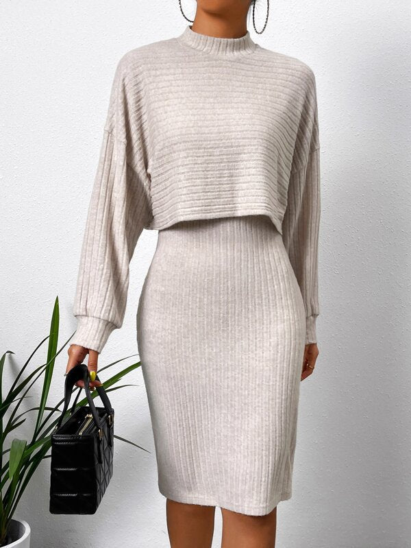 Women's Autumn Sunken Stripe Long Top and Skirt Two-Piece Set