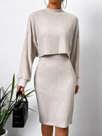 Women's Autumn Sunken Stripe Long Top and Skirt Two-Piece Set