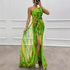 Women's One-Shoulder Printed Ruched Feather Split Bodycon Maxi Dress