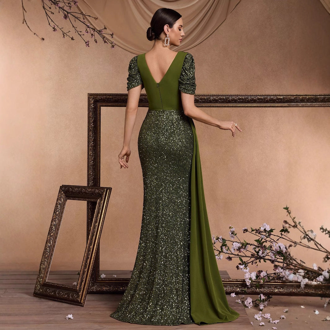 Elegant Sequin Patchwork Fitted V Neck Short Sleeve Chic Glamorous Regal Formal Evening Gown For Cocktail Parties Banquets