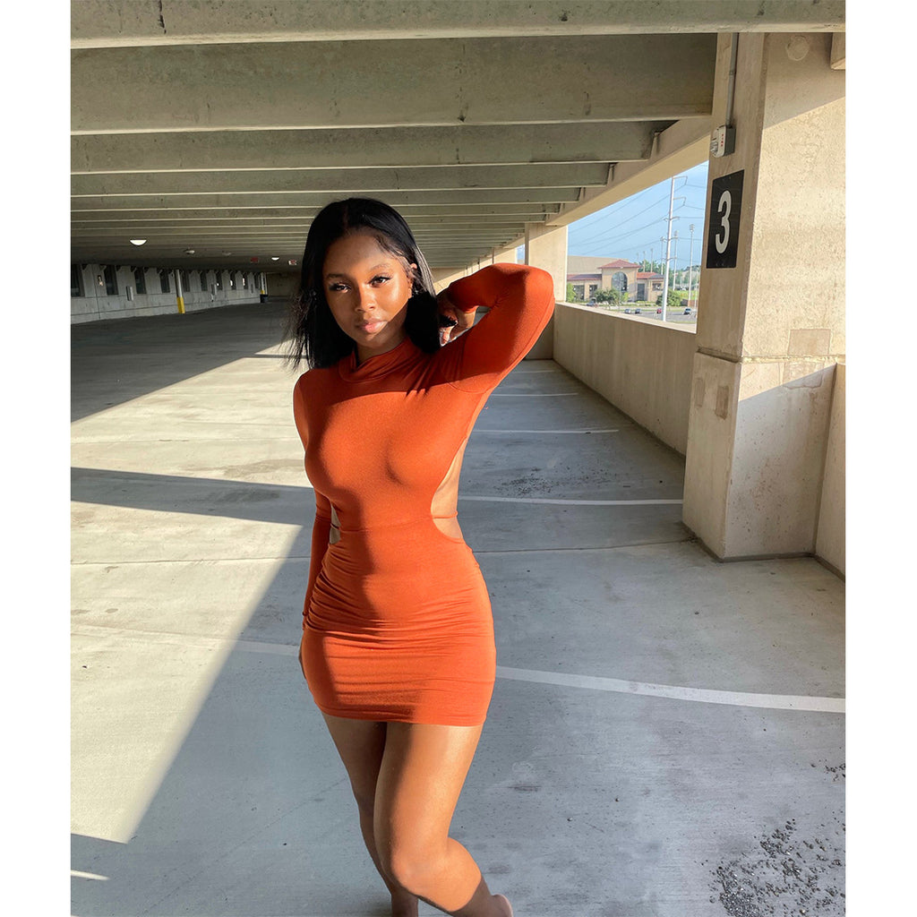 Solid Color Sanding Half Turtleneck Backless Dress