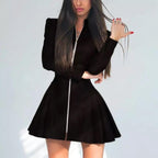 Women's Stand-Collar Faux-Leather Pleated Long-Sleeve Mini Dress