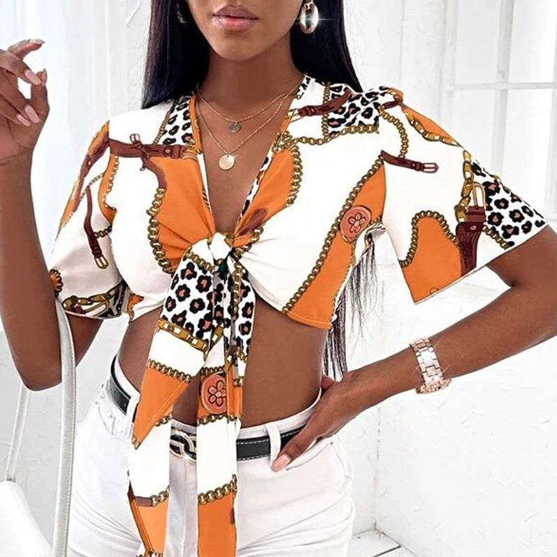 Women's Clothing Shirt Bow Lace-Up Sexy Shirt Summer Short Sleeve Printed Top