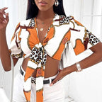 Women's Clothing Shirt Bow Lace-Up Sexy Shirt Summer Short Sleeve Printed Top