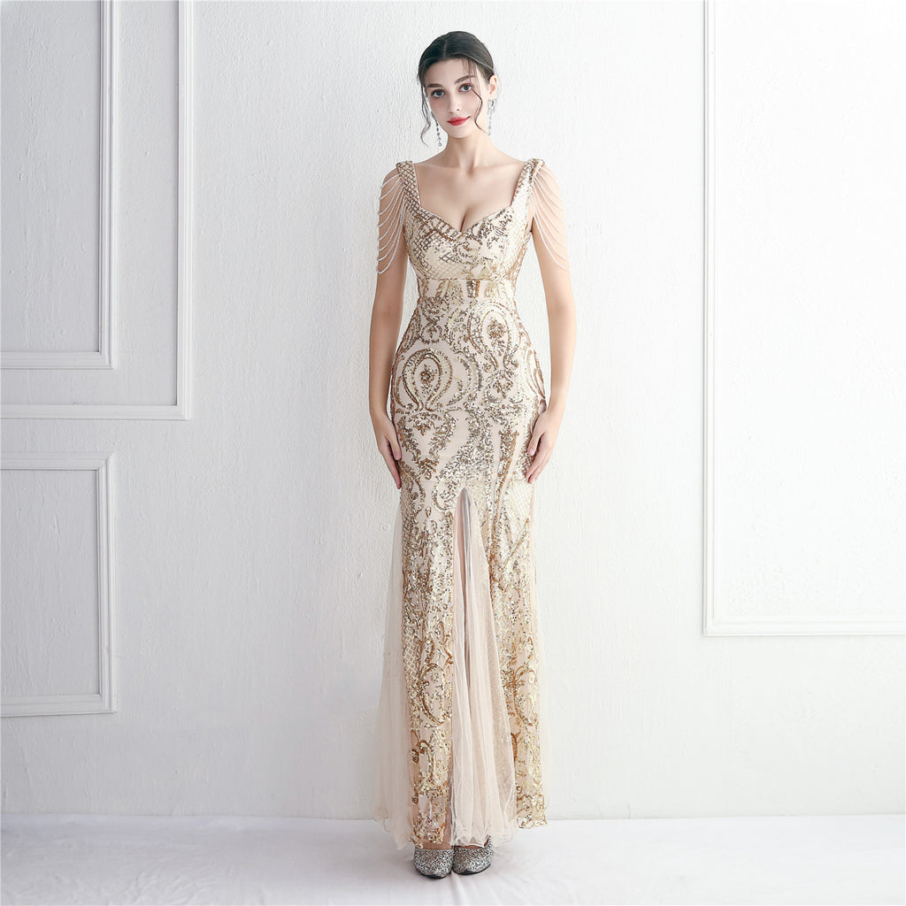 Women's Sequin Mesh Beaded Party Dress Long Cocktail Slim Fit Evening