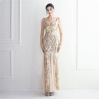 Women's Sequin Mesh Beaded Party Dress Long Cocktail Slim Fit Evening