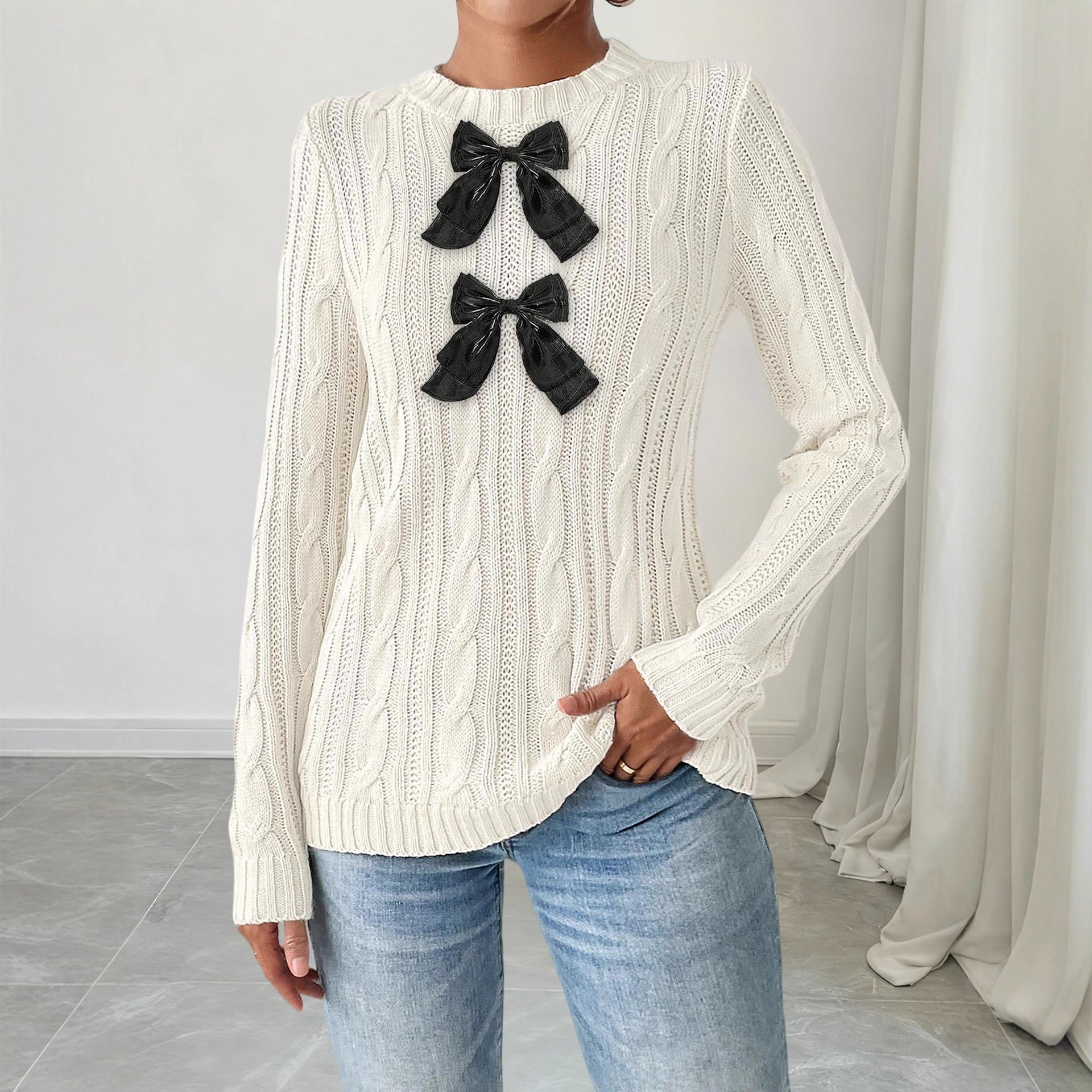 Women Top Sweater Women Clothing Bow Patchwork round Neck Pullover Simple Bottoming Woven Sweater