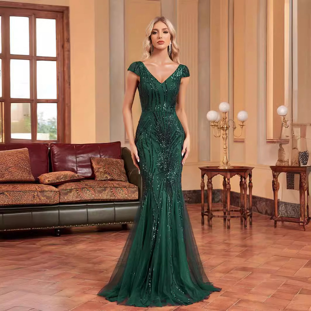 Women's V-Neck Sequin Backless Fishtail Maxi Dress