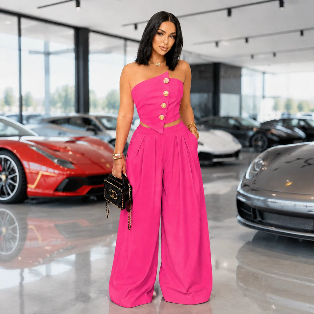 Women's Asymmetric Tube Top & Wide-Leg Pants Set