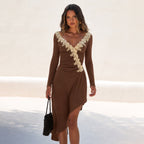 Women's French Retro Lace V-Neck Midi Dress