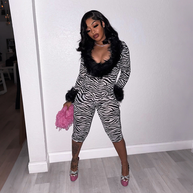 Women's Zebra Print Faux-Fur Long-Sleeve Bodysuit