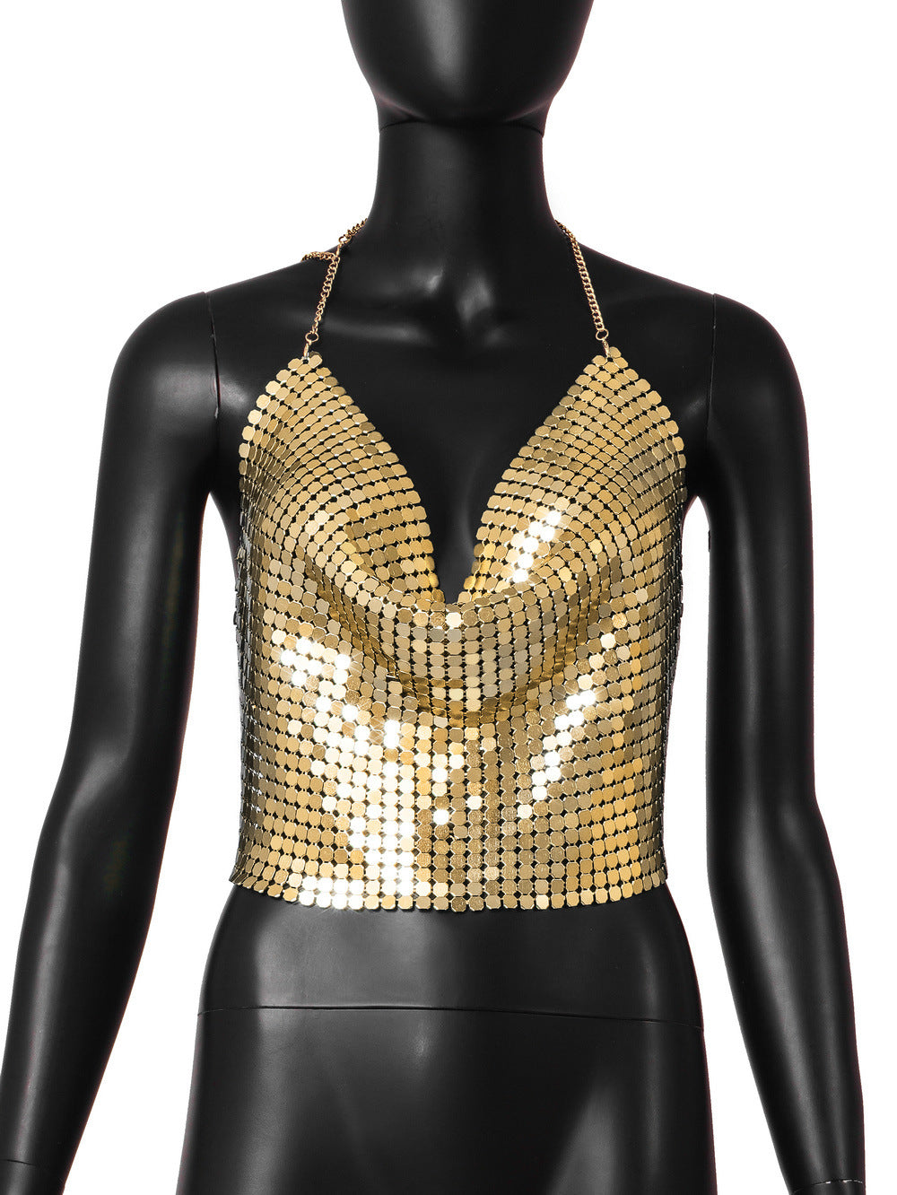 Low Cut Backless Metal Sequ Chain Strap Deep V Plunge Cropped