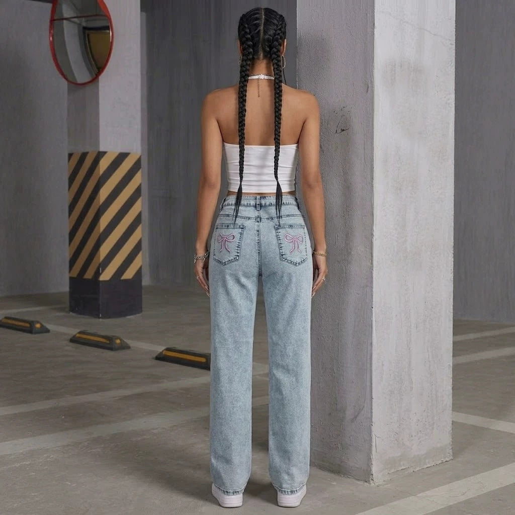 Light Blue Snowflake Washed Low Waist WL Jeans Women Back