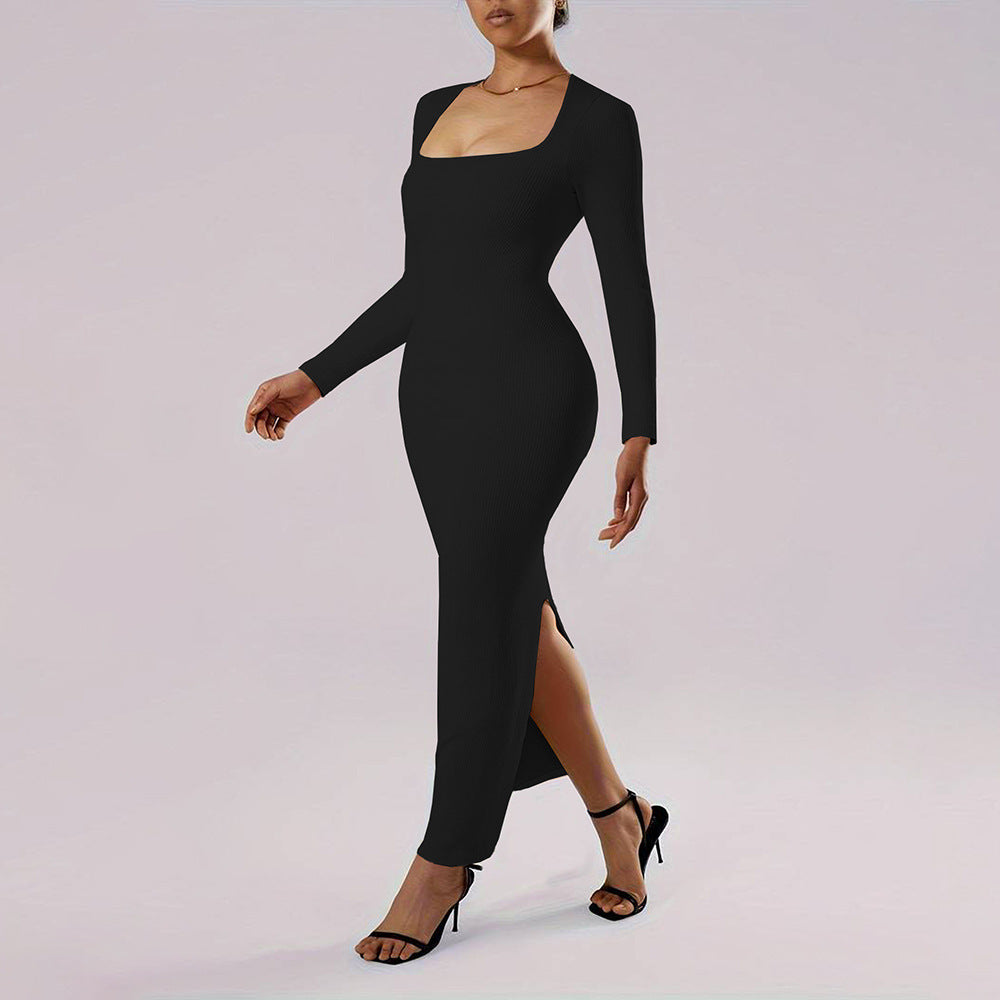 Women's Classic Wind Square Collar Dress Slim Ankle Length Sheath