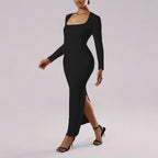 Women's Classic Wind Square Collar Dress Slim Ankle Length Sheath