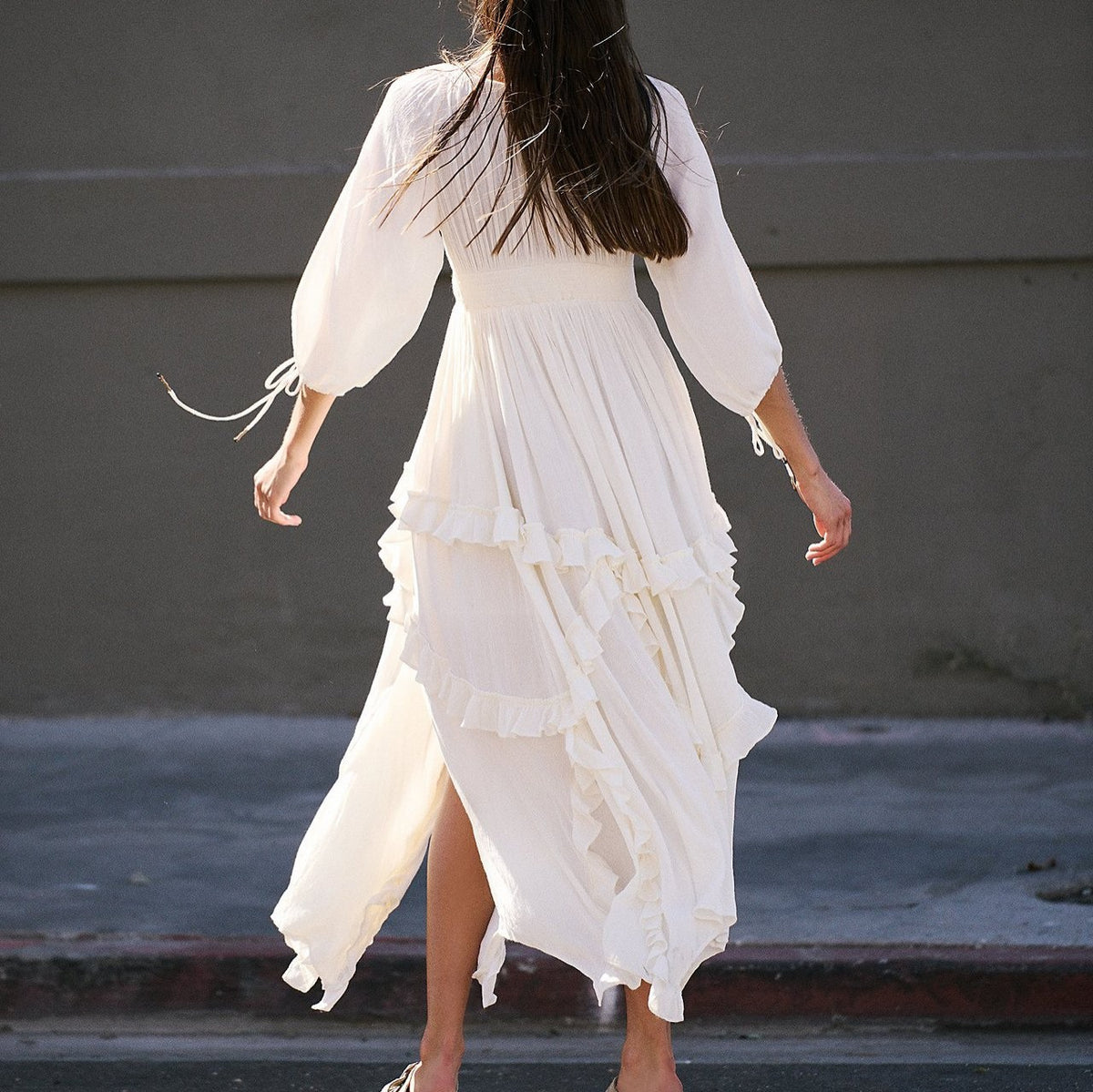Women's Ruffled Smocked Slit A-Line Maxi Dress