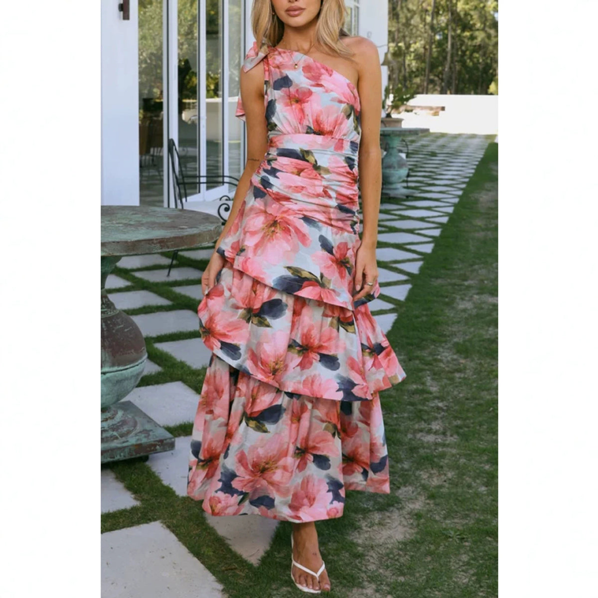 Tiered Multi Layer Printed Off Shoulder Maxi Dress