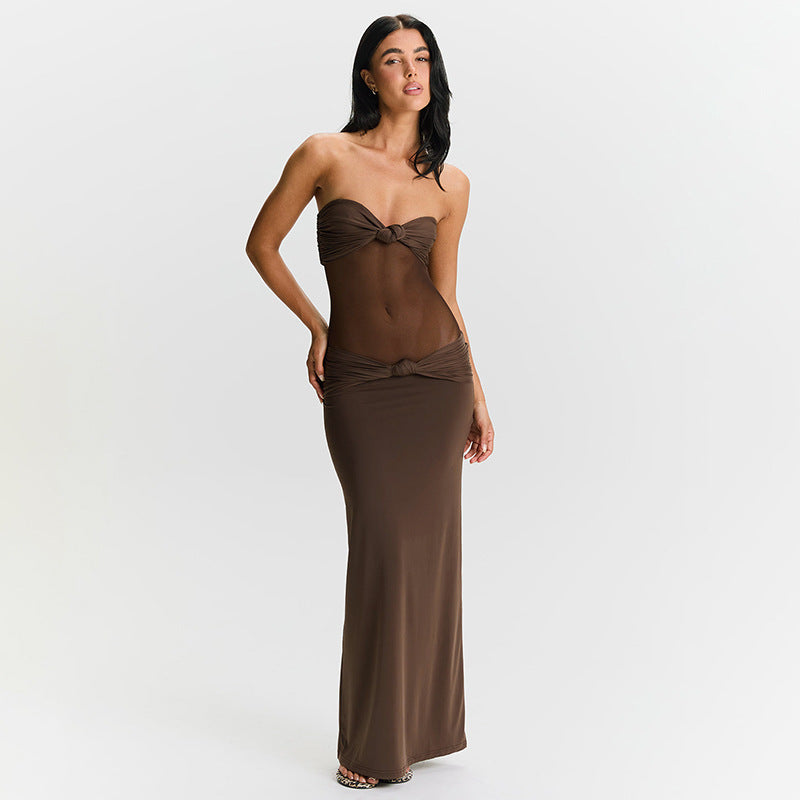 Detachable Shoulder Strap Twist Mesh Slim Fit Dress