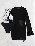 Black three-piece swimsuit set with sheer long-sleeve cover and tie triangle bikini top