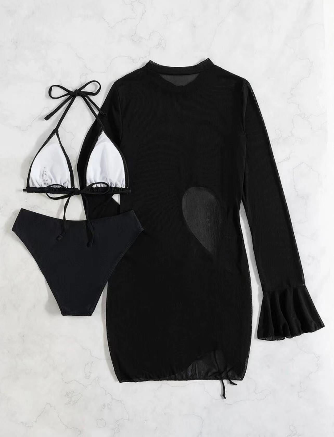 Black three-piece swimsuit set with sheer long-sleeve cover and tie triangle bikini top