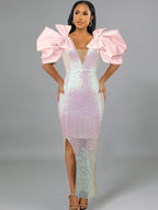 Women's V-Neck 3d Bow Sequin Puff-Sleeve Split Bodycon Maxi Dress